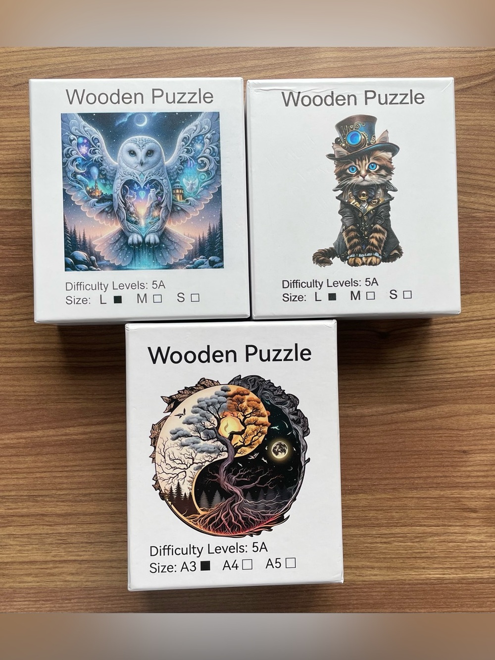 3-Piece Large Wooden Jigsaw Puzzle Bundle - Owl, Steampunk Cat, Yin Yang Tree